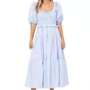En Saison Light Blue Puff-Sleeve Tiered Dress